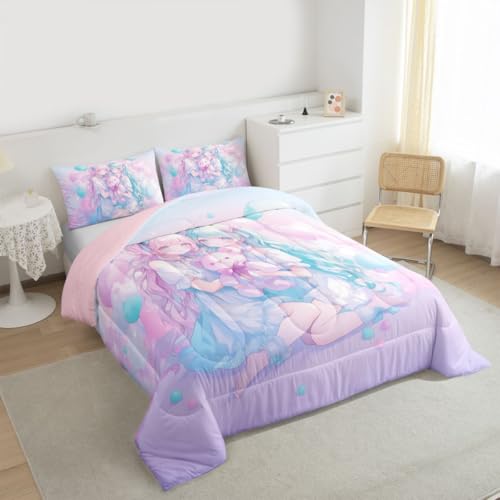 Image of Erosebridal Anime Girl Kids Bedding | Girly Friendship Queen Comforter Sets,Fantasy Dreamy Girls Comforter Romance Ballons Duvet Insert with 2 Pillow Cases
