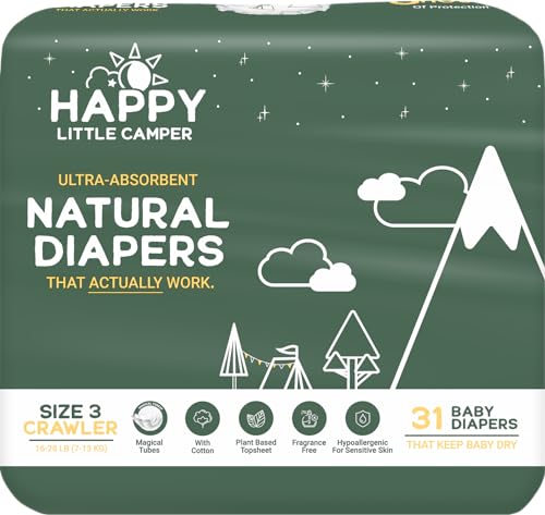 Image of Happy Little Camper Ultra-Absorbent Natural Baby Diapers Size 3 - Hypoallergenic & Chlorine-Free Disposable Diaper Safe for Sensitive Skin - Unscented Crawler Diapers - 31 Count