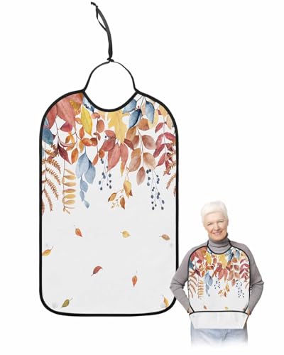 LEOKOTI Orange Blue Fall Adult Bibs for Eating, Waterproof Bibs with Food Catcher & Adjustable Snap Closure, Autumn Maple Leaf Thanksgiving Washable Clothing Protectors Adult Bibs for Elderly