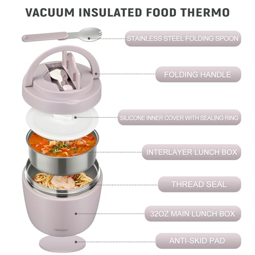 Image of wiwens Thermo Food Jar for Hot Food Adults 32OZ Soup Thermo Lunch Containers Wide Mouth Vacuum Insulated Stainless Steel Leakproof Bento Box with Spoon (Purple)
