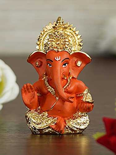 Image of eCraftIndia Golden and Orange Polyresin Lord Ganesha Idol for Home, Temple, Office, Car Dashboard - Gift for Family, Friends, Colleagues - Suitable for Housewarming Ganesh Chaturthi, Diwali Festivals