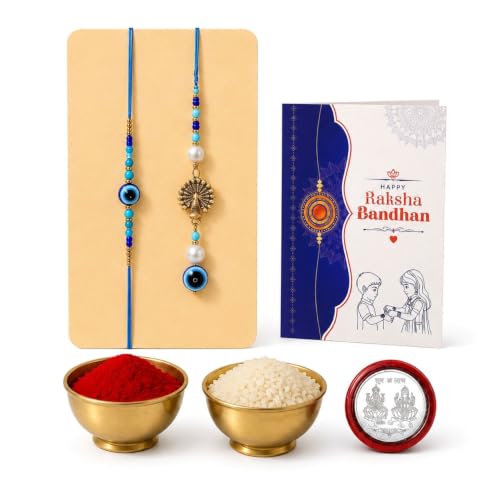 Image of Oblivion Rakhi for Bhai Bhabhi - Evil Eye Design Stylish Rakhi with Beads for Bhai & Lumba For Bhabi with Silver Color Coin, Greeting Card & Tilak Set - Traditional Raksha Bandhan Festive Combo Set