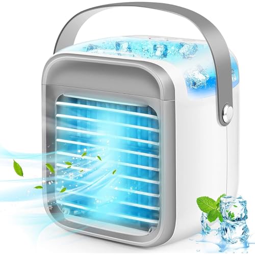 Enfriador de Aire Portátil, Ventilador Evaporativo Recargable con 3 Velocidades 7 Colores, Enfriador de Aire 3 en 1 con Tanque de Agua, Enfriador de Aire Personal Inalámbrico con Mango(White)
