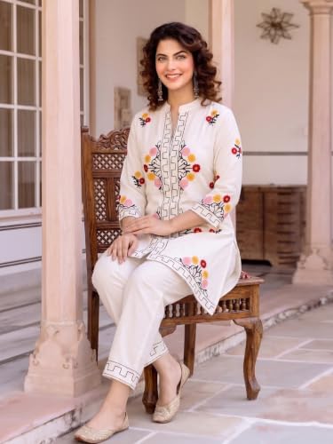 Image of ANNI Designer Women Kurta Set | Cotton Embroidered A-Line Kurta with Pant Co-ord Set | 3 /4 Sleeve Mandarin Collar Kurti Set for Women | Daily Office Party Wedding Ethnic Suit