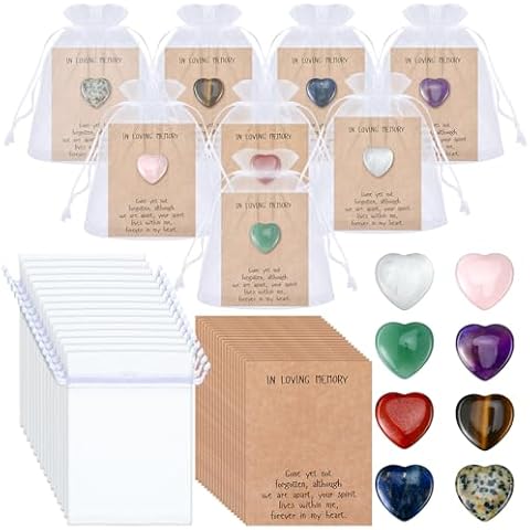 Humyoun 50 Sets Celebration of Life Favors Pocket Token Bulk Cards with Heart Shape Natural Stones Organza Bags Keepsake Sympathy Thank You Gifts for Memorial Party Supply Funeral Guest Return Favors Cover
