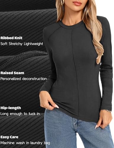 Image of Kate Kasin Fall Women Fitted Long Sleeve Shirt, Ribbed Knit Crewneck Top