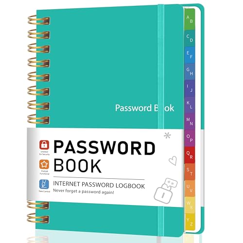 Password Book with Alphabetical Tabs Spiral Hardcover Password Keeper Book for Seniors 5.8 X 8.2 Medium Size Password Notebook Individual & Colorful Tabs Green