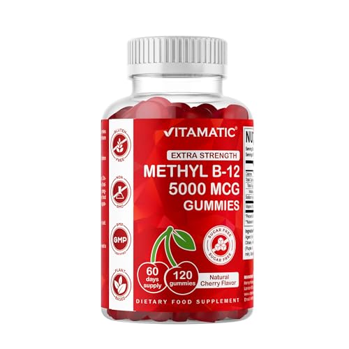 Vitamatic Extra Strength Vitamin B12 5000 mcg (Methylcobalamin) Gummies 120 Count Natural Cherry Flavor Energy & Nervous System Support