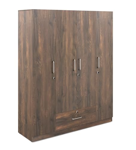 Image of Nexel 4 Door Wardrobe | Engineered Wood | Natural Teak Finish | Spacious Storage with Drawers, Shelves & Hanger | Elegant and Durable | Knock Down | 36 Months Warranty