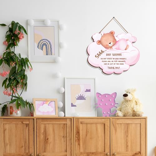 Image of Baby is Sleeping Wooden Hanging Door Sign, Funny Front Door Do Not Ring Doorbell Decorations Hanging Sign, Baby Sleeping Door Sign for Room Front Door Nursery Bedroo