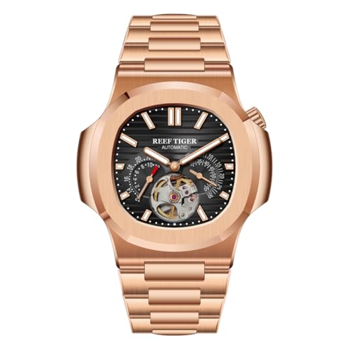REEF TIGER Men's Fashion Square Watch Rose Gold Crystal Mechanical 24-Hour Tourbillon Waterproof Automatic Bracelet Watch RGA20S7 (RGA20S7-PBP)