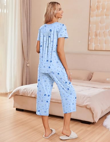 Image of Ekouaer Women's Pajama Sets Short Sleeve Sleepwear Button Up Pj Loungewear Top and Capri Pants with Pockets