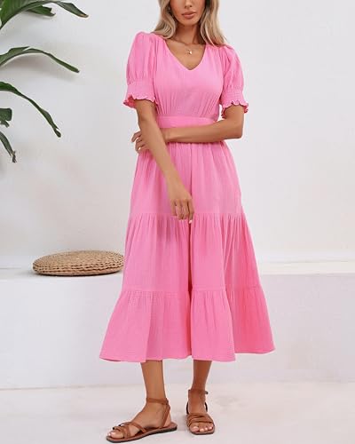 Image of YEXPINE Women's Cotton Tiered Midi Dress Short Sleeve V Neck Elastic Waist Casual Long Flowy Summer Dress
