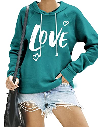 Syellowafter Women Casual Graphic Printed Pullover Sweatshirt Love Letter Hoodie Lightweight Fall Tops Blouse Teal Green X-Large #TOP5