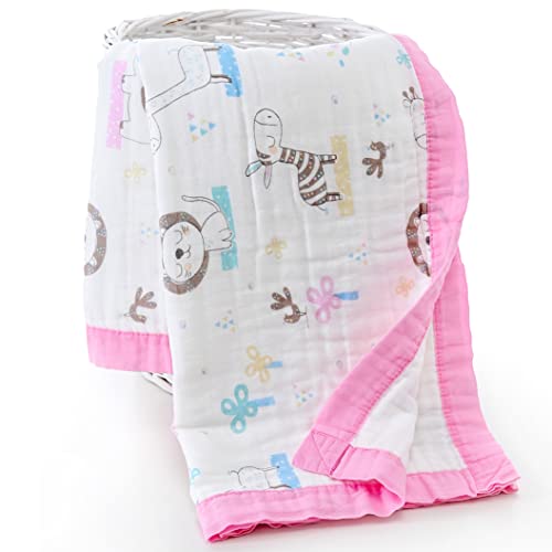 Jay & Ava Soft Muslin Blanket 42' x 42' - 4 Layers Cotton Baby Blanket for Toddler, Boy - Pink Animals
