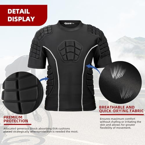 Zicac Padded Compression Shirt 7-Pads Football Rib Protectors Padded Shirt Chest Protective Gear Sports Rash Guards for Football Rugby Baseball (Black Grey, Medium)