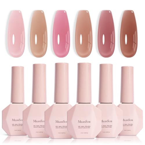 Image of MelodySusie Jelly Gel Nail Polish Set,6 Transparent Colors,Milky or Jelly Texture,Pink and Nude Versatile Colors Soak Off UV LED Light Cure or Salon Manicure and Nail Art DIY at Home