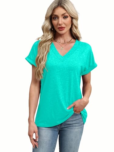 Image of T Shirts Short Sleeve V Neck Tees Womens Tops Beach Vacation Fashion Clothes 2026 Casual Summer Spring Fall Outfits