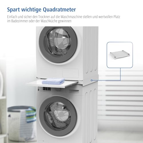Xavax Zwischenbaurahmen mit Ausziehplatte aus Kunststoff (Verbindungsrahmen für Waschmaschine und Trockner, Zwischenbausatz mit Auszug als Ablage für Wäschekorb, inkl. Zurrgurt) weiß