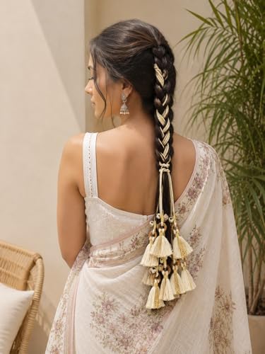 Image of Zippy Flora Handmade Shankh Boho Parandi | | Traditional Hair Accessory with Tassles | Hair Extension |Women's Patiala Shahi Paranda | Choti |Shankh Parandi (Off-white) | 22 Inches Length