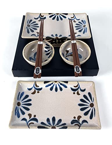 Japanbargain 4698, Japanese Sushi Set Porcelain Sushi Plates Soy Sauce Dipping Bowls And Chopsticks Gift Set, Blue And White Color Kiku Pattern, Made In Japan #TOP7