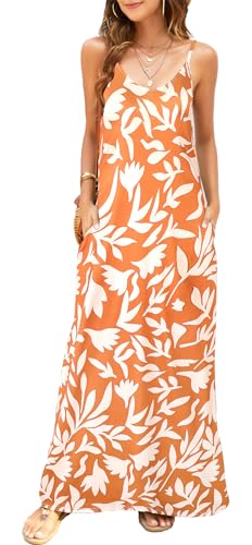 Image of Supnier Women's Summer Maxi Dress Casual V-Neck Sleeveless Bohemian Spaghetti Strap Floral Long Maxi Dress with Pockets