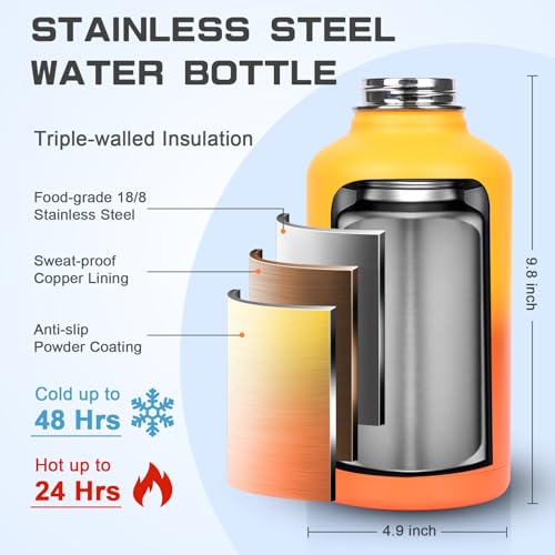 Image of GAZLEMHO Insulated Water Bottle 64 oz, Half Gallon Water Jug Cold 48H, BPA Free Stainless Steel Bottles with Straw /Chug 2-in-1 Lid, Bag, Paracord Handle, Silicone Boot, Sports Gym School Metal Flask