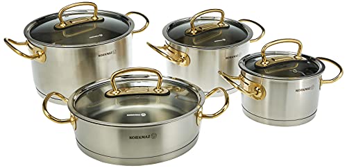 Korkmaz Proline A1148 - Juego de 8 piezas de cacerolas de acero inoxidable, olla para carne, olla para leche, sartén, cacerola de acero inoxidable, color dorado