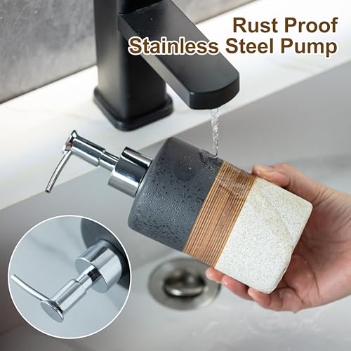 Image of Ceramic Dish Soap Dispensers Set of 2 for Kitchen and Bathroom | Hand Soap and Lotion Dispenser Set, Shampoo and Conditioner Bottles | with Stainless Steel Pump, Silicone Funnel, Tray, Black
