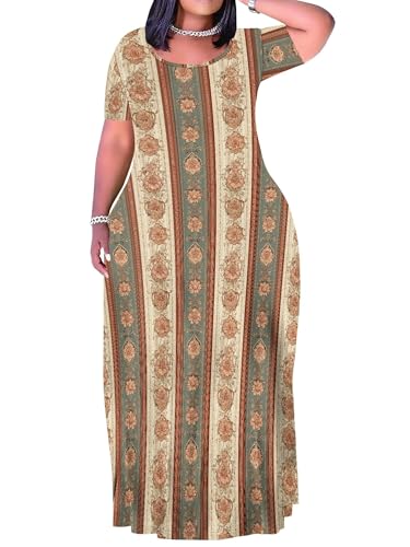 Image of PinkPatty Plus Size Maxi Dress for Curvy Women Crew Neck Long Sleeves Casual Dress Vacation Sundresses with Pockets