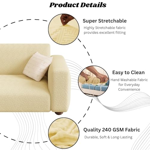 Image of Lukzer 3 Seater Pastel Yellow Grid Maze Pattern Sofa Cover | 240 GSM Universal Stretch Fit Jacquard Fabric Couch Protector | Fully Covered Anti Slip & Washable Sofa Cover (180-230cm /SC-105-03)