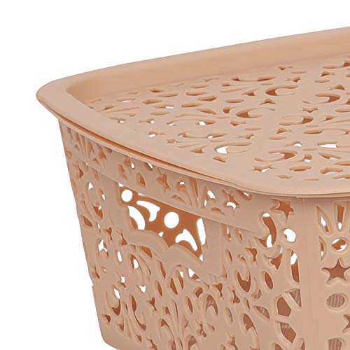 Image of Cutting Edge Essentials Plastic Storage Baskets /Shelf /Turkish Rack with Lid - Set of 2 for Fruit Vegetable Bathroom Stationary Home Basket with Handle (Beige, Medium)