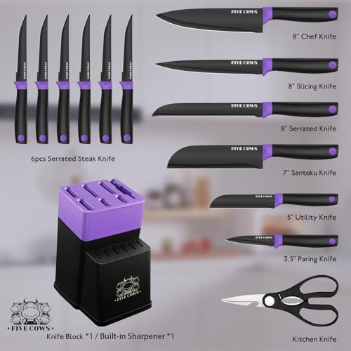 Set Coltelli da Cucina, 14 Pezzi, Set Coltelli da Cucina in Acciaio Inossidabile, con Fessure per Forbici e Asta, Design Moderno per Casa e Ristorante (Viola) - immagine 3