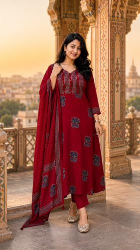 Image of Women's Cotton Kurta Sets for Women with Palazzo Pants with Dupatta for Woman | Pure Cotton 3 Piece Kurti Set | Women Suit Set for Daily