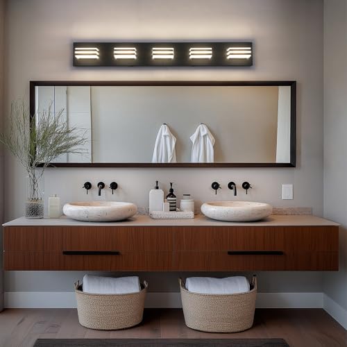 Image of LED Wall Black Vanity Lights for Bathroom Light Fixtures 30W Adjust 3 Colors Modern Bath Lighing Over Mirror Acrylic Heads LED Vanity Light (5-Light,34inch)