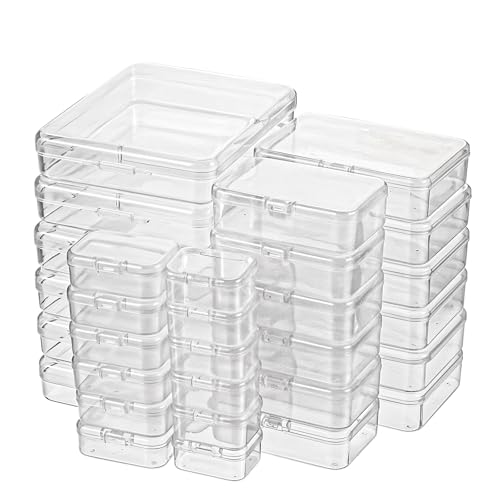 Image of COMNICO 30 Pack Small Clear Plastic Beads Storage Containers Box Mixed Sizes Rectangular Mini Empty Organizer with Hinged Lids for Collecting Small Items Art Craft Jewelry Business Cards Hardware