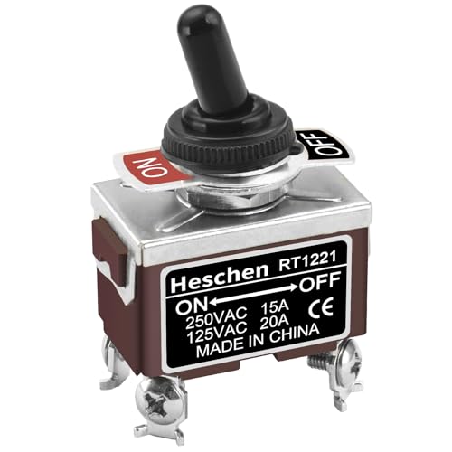 Heschen Interrupteur à bascule en métal RT1221 DPST - Type maintenu - Marche/arrêt - 2 positions - 15 A 250 VAC - Avec capuchon étanche