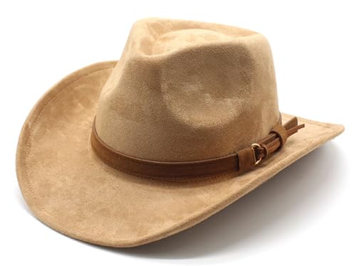 Image of Unisex Western Suede Cowboy Cowgirl Hat Classic Wide Brim Fedora Hat for Men &Women