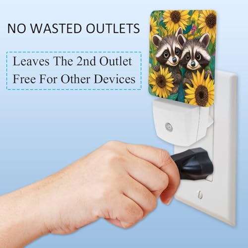 Image of NEWzone Raccoons Sunflowers Night Light Set of 2, Auto Sensor LED Dusk-to-Dawn Nightlights, Plug-in Sensor Lamp for Bedroom Bathroom Kitchen Hallway Stairs Decorative