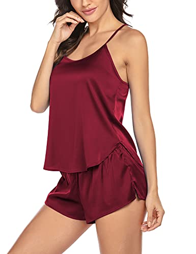 PEATAO Schlafanzug Damen Sexy Pyjama Set Satin Nachtwäsche Kurz Ärmellos Dessous Negligee Cami Top Zweiteilige Sleepwear – Bild 4