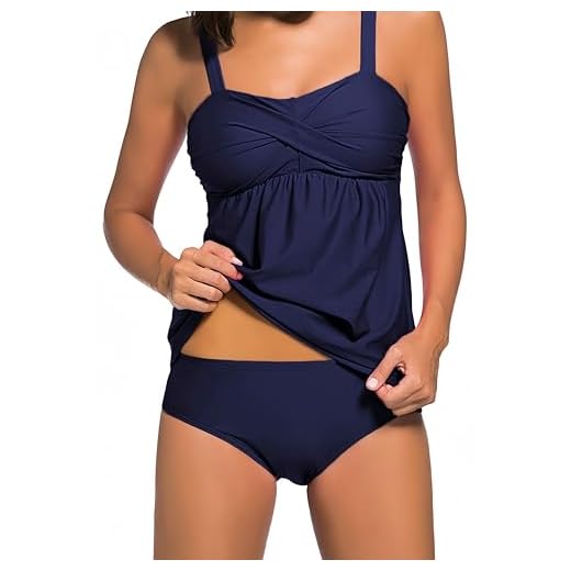 Ocean Plus Damen Eleganter Figurumspielender Tankini mit Slip Bauchweg Bügellos Unifarben Zweiteilig Bademode mit Verstellbaren Träger (3XL (EU 44-46), Marineblau)