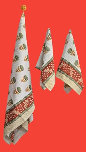 Image of Waffle Cotton Bath & Hand Towel, Hand Block Printed Towel for Bathroom, Quick Drying Towel for Men & Women, Eco Friendly Towel Daily use Towel Pack of 3 Pcs