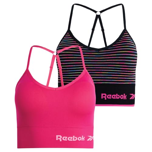Reebok Womens Sports Bras - 2 Pack Seamless Soft Stretch Padded Sports Bras for Women with Adjustable Long Crossback Straps, Size Small, Spacedye Stripe/Pink