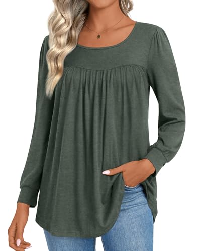 Womens 2025 Casual Tunic Tops Fall Long Sleeve Blouse Warm Pleated Flowy Crewneck Tshirt For Legging2