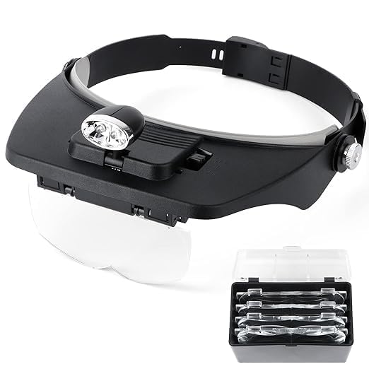 Head Magnifier Glass with Light Optivisor with LED Jewelers Magnifying Glasses 1.2X 2X 1.8X 2.5X 3.5X Optical Headset Magnifying Visor Reading Magnifier Jeweler Loupe with 4 Lens Close Work Magnifier