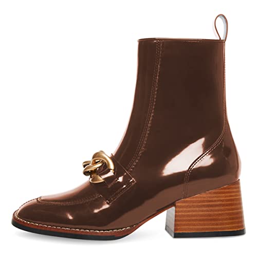 FSJ Women Fashion Chain Square Toe Block Mid Heel Ankle Boots Classic Side Zipper Casual Walking Ladies Shoes Size 4-15 US2