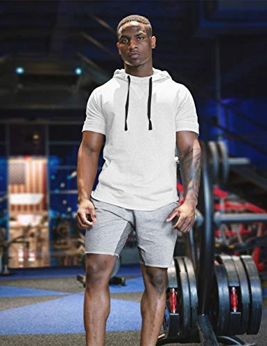 Coofandy Men's Casual Hoodies Pullover Short Sleeve Cotton Gym Workout T-Shirts Hooded Sweatshirt With Pocket White #TOP3