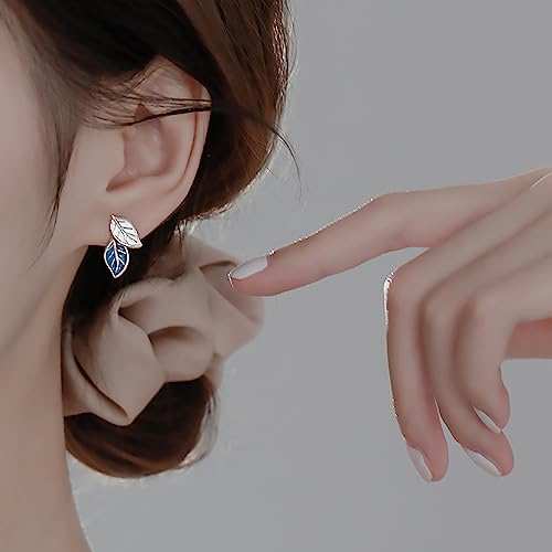 Reffeer Solid 925 Sterling Silver Small Leaf Stud Earrings for Women Teens Blue Leaf Stud Earrings Spring2