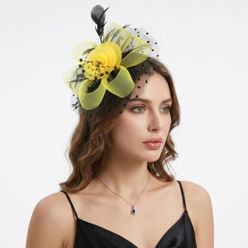 Image of DRESHOW Fascinators Hat Flower Mesh Ribbons Feathers on a Headband and a Clip Tea Party Headwear for Girls and Women