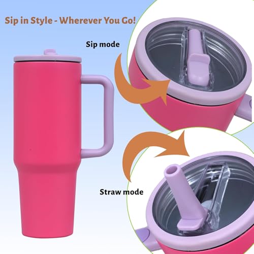 Image of 1200ML Stainless Steel Tumbler with Handle & Flip Straw | Leak Resistant, Insulated Water Bottle with Rubber Base | Travel, Gym & Car Cup Holder Friendly (Pink Dahlia)